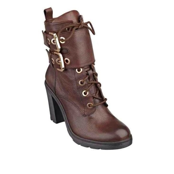 GUESS FINLAY LACE UP MID CALF BOOTIES BROWN LEATHER ROUNDED TOE WITH ZIP SZ 10 - Picture 2 of 5